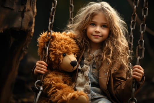 little girl swings a teddy bear on a swing in the yard at autumn day. AI Generated