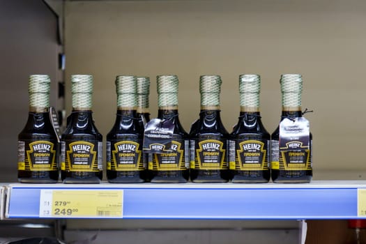 Tyumen, Russia-November 04, 2023: Heinz Soy Sauce for sale at a supermarket or hypermarket. Selective focus