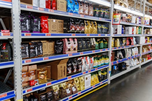 Tyumen, Russia-November 04, 2023: Shelves in a hypermarket with bags of coffee. Present new coffee brands among many others.