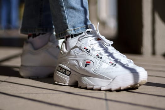 Tyumen, Russia-September 23, 2023: Fila shoe, model disruptor 2 white popular.