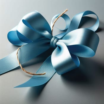 Close-up of open gift box against light blue background. Blue gift ribbon with a bow against a gray background