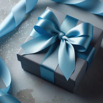 Close-up of open gift box against light blue background. Blue gift ribbon with a bow against a gray background