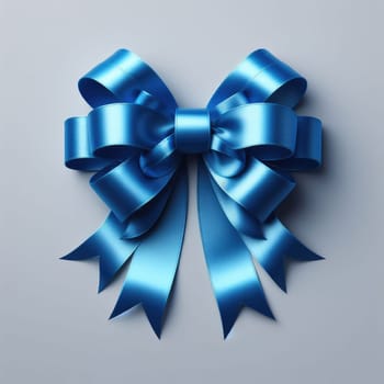 Close-up of open gift box against light blue background. Blue gift ribbon with a bow against a gray background