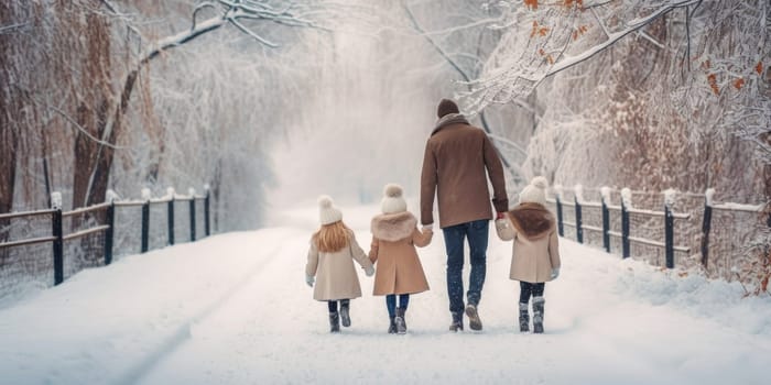 Happy family Father, mother and children are having fun and playing on snowy winter walk in nature. comeliness