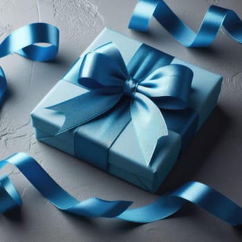 Close-up of open gift box against light blue background. Blue gift ribbon with a bow against a gray background