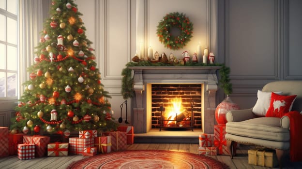 Interior of decorated living room with Christmas tree and comfortable sofa for family comeliness