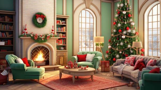 Interior of decorated living room with Christmas tree and comfortable sofa for family comeliness