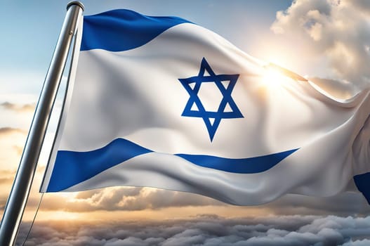 Israel flags with a star David over cloudy sky background. Banner with place for text.