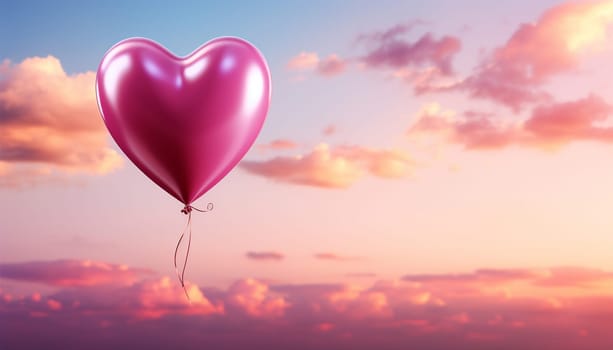 Pink balloon heart shape against colorful blue sunset sky and pink pastel sky in a sunny bright morning. Romantic postcard background on Valentine's Day. Travel and recreation theme Copy space Space for text