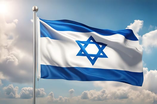 Israel flags with a star David over cloudy sky background. Banner with place for text.