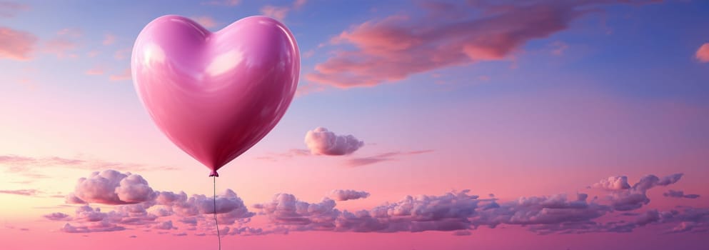 Pink balloon heart shape against colorful blue sunset sky and pink pastel sky in a sunny bright morning. Romantic postcard background on Valentine's Day. Travel and recreation theme Copy space Space for text