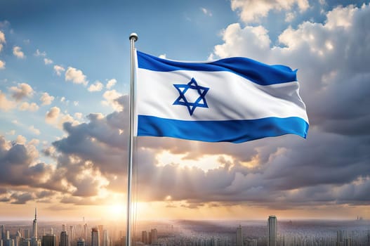 Israel flags with a star David over cloudy sky background. Banner with place for text.