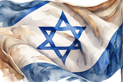 Watercolor flag Israel with Star David against cloudy sky. Banner with place for text.
