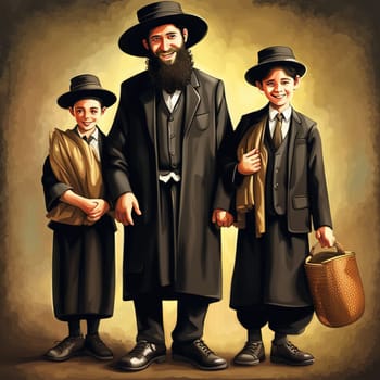 Cartoon Jewish family standing together happy dad and sons Orthodox Jews