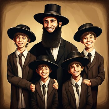 Cartoon Jewish family standing together happy dad and sons Orthodox Jews