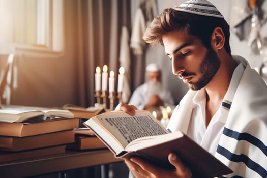 Hasidic Jew reads Siddur. Religious orthodox jew with beard praying quickly in white tallit in a synagogue. Close-up