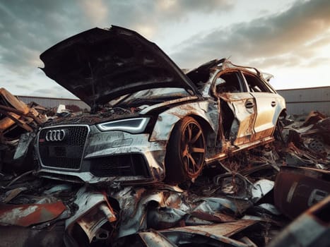 Crashed abandoned rusty expensive luxurious atmospheric 4 door powerful as circulation banned for co2 emission 2030 agenda dystopian concept ai generated