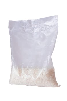 A Plastic Bag of White Long Grain Rice - Isolated on White Background. Small Transparent Package with Dry Rice - Isolation