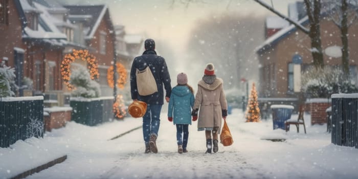 Happy family Father, mother and children are having fun and playing on snowy winter walk in nature. comeliness