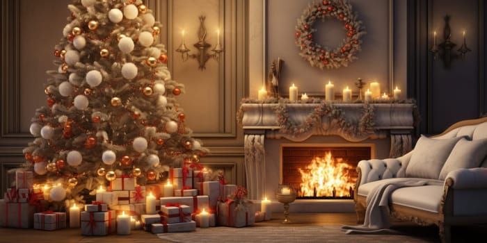 Interior of decorated living room with Christmas tree and comfortable sofa for family comeliness