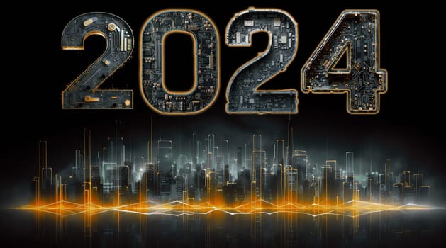 2024 new year, digital technology concept, above futuristic city skyline computer and artificial intelligence, AI for 2024 taintless lifestyle