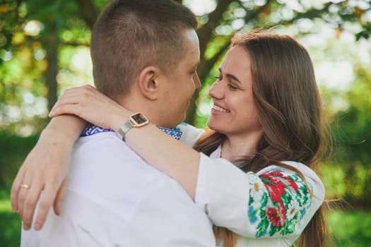 Skjern, Denmark, May, 2023: couple in love in national Ukrainian clothes.