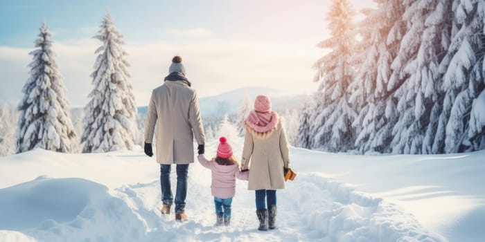 Happy family Father, mother and children are having fun and playing on snowy winter walk in nature. comeliness