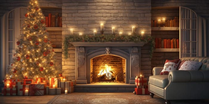 Interior of decorated living room with Christmas tree and comfortable sofa for family comeliness