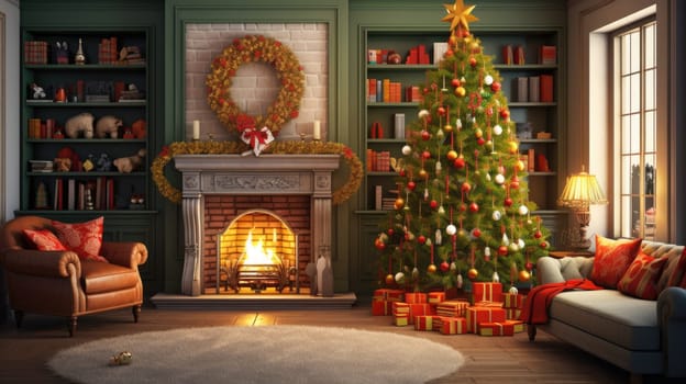 Interior of decorated living room with Christmas tree and comfortable sofa for family comeliness