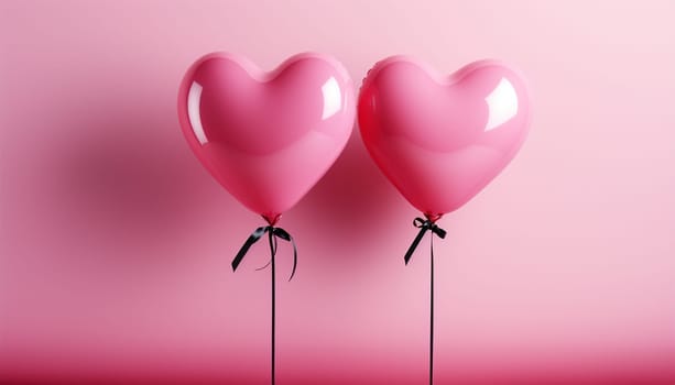 Two pink heart shaped balloons on pastel pink background copy space. Valentine romantic theme deign 3D. Valentine's day background. Space for text