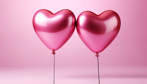 Two pink heart shaped balloons on pastel pink background copy space. Valentine romantic theme deign 3D. Valentine's day background. Space for text