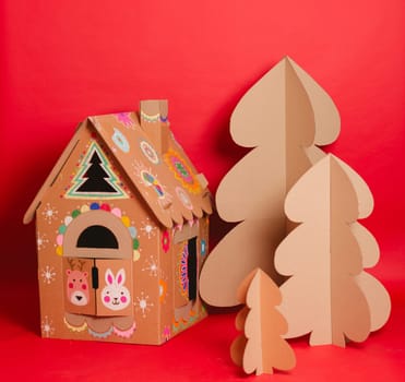 Christmas Tree and Cardboard playhouse Made Of Cardboard. Unique Trees. New Year or Xmas.