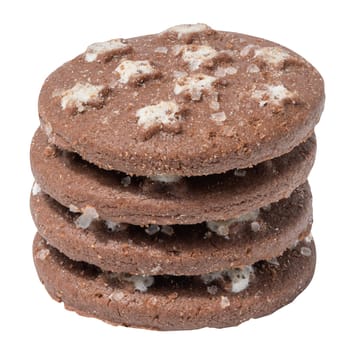 Round chocolate cookies on white isolated background, stack