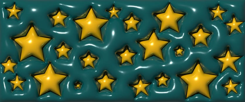 Abstract green background yellow with stars, inflated shapes. 3d rendering illustration