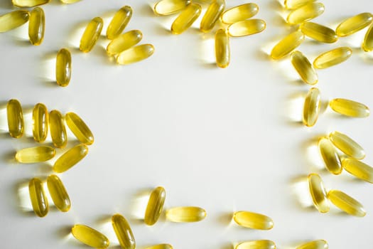 Close up of capsules Omega 3. Health care concept. Medical pill or vitamin's capsule pattern. Medicine, healthcare or pharmacy concept