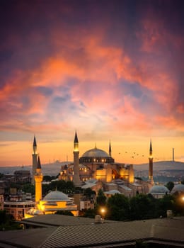 Illuminated Hagia Sophia and beautiful sunset in Istanbul, Turkey