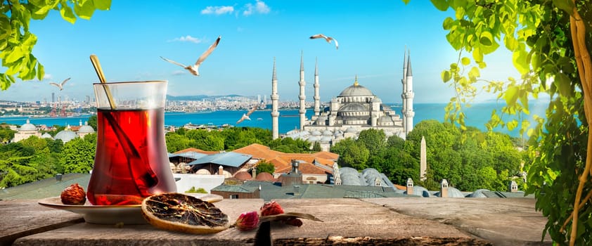 Tea and Blue Mosque and Bosphorus in Istanbul, Turkey