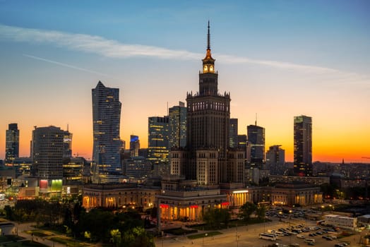 Palace of Culture and Science in Warsaw at sunset