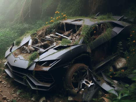 Abandoned rusty expensive atmospheric super car as circulation banned for co2 emission 2030 agenda , severe damage, broken parts, plants overgrowth bloom flowers. ai generated