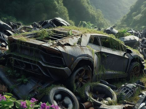 Abandoned rusty expensive atmospheric super car as circulation banned for co2 emission 2030 agenda , severe damage, broken parts, plants overgrowth bloom flowers. ai generated