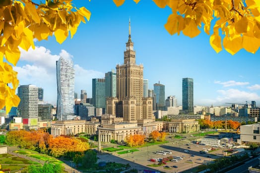 Autumn in Warsaw, top view of the Palace of Culture in Poland