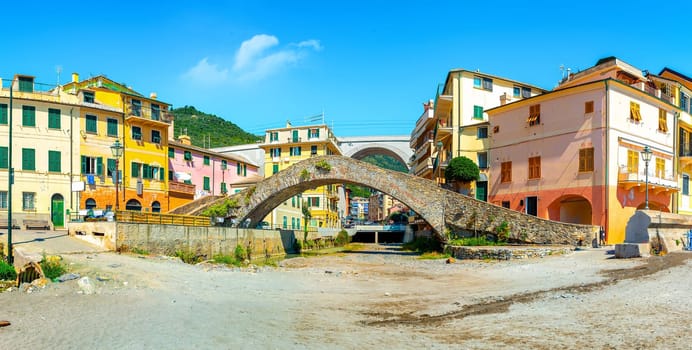 View of Bogliasco in summer with beautiful sea, sky and colorful buildings. Liguria, Genova region, Italian Riviera