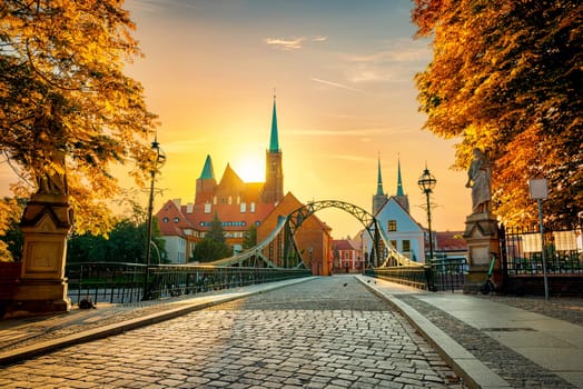 Tumski bridge and Holy Cross church in Wroclaw