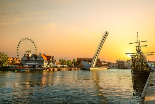 Panorama of Old Town in Gdansk and Motlawa river with ships, Poland.