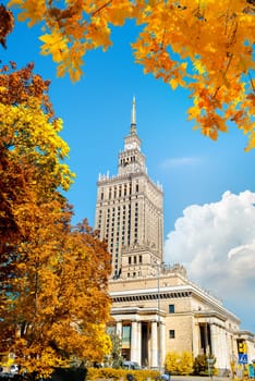 Autumn in Warsaw, top view of the Palace of Culture in Poland