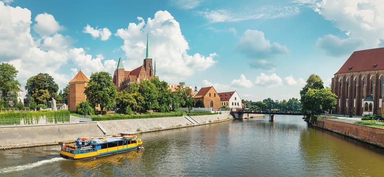 Panoramic view of renovated Tumski Bridge in Wroclaw, Poland