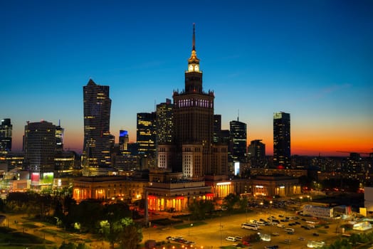 Palace of Culture and Science in Warsaw at sunset