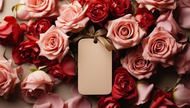 Blank empty tag mock up with romantic flowers. Wedding. Mothers Day. Valentine's Day. Birthday. Happy woman's day theme copy space. Romantic design Space for text