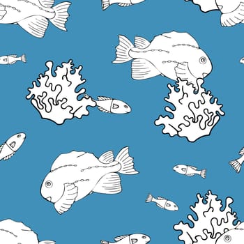 Hand Drawn Black and White Fish on Blue Background. Seamless Pattern with Fishes. Sea Animal Digital Papers.