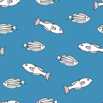 Hand Drawn Black and White Fish on Blue Background. Seamless Pattern with Fishes. Sea Animal Digital Papers.